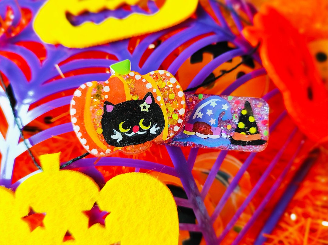 手作系列 - HALLOWEEN 南瓜小黑猫手绘发夹 ( 每款一件) - 发饰 - 其他材质 多色