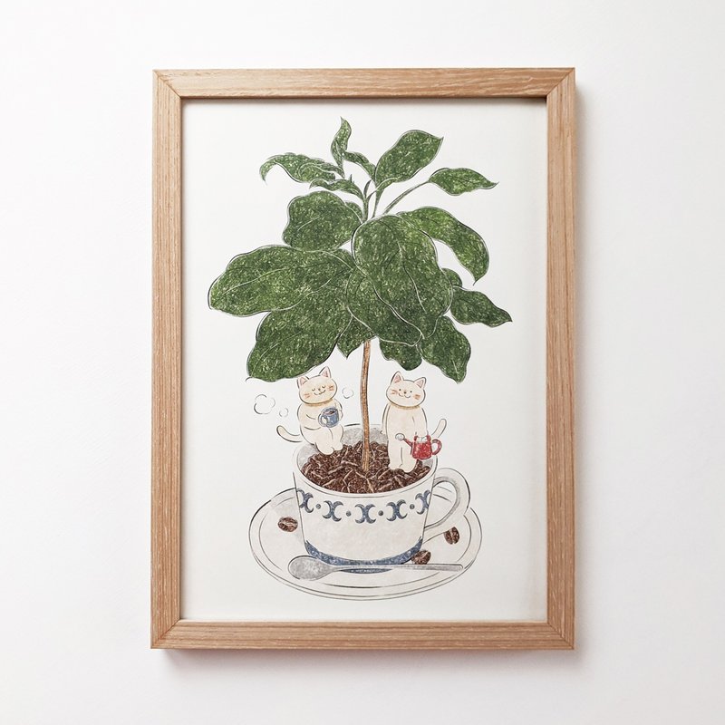 A4 猫とコーヒーの木 アートプリント/イラスト複製画 - 海报/装饰画/版画 - 纸 绿色
