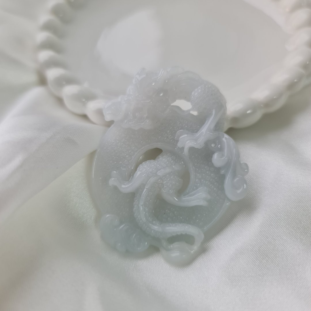 细糯 天空蓝 镂空龙形平安扣 吊坠 挂饰 | 天然缅甸玉A货翡翠 - 吊饰 - 玉石 