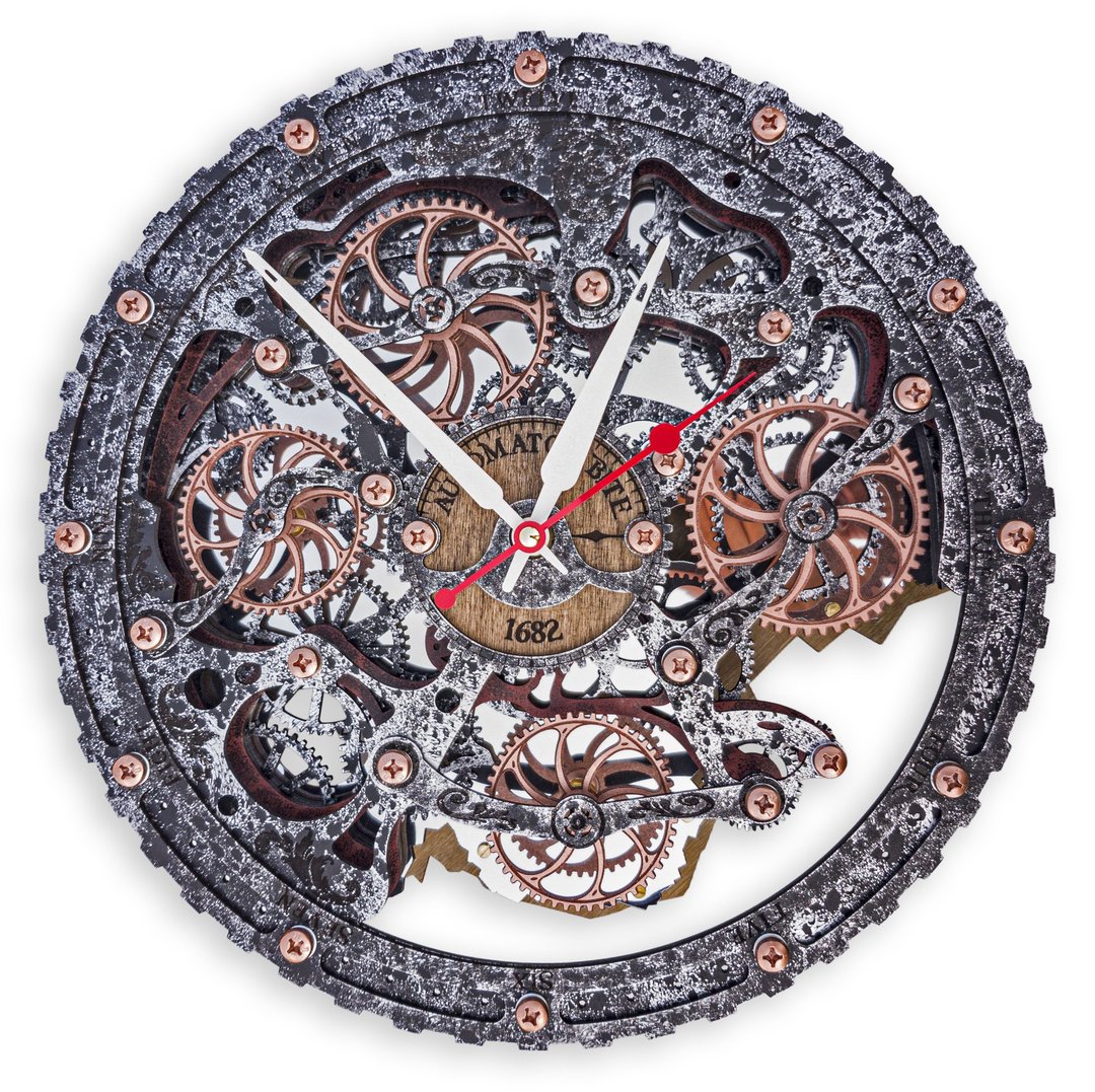 Automaton Bite Moving Gears Wall Clock 1682 Circle Metal Loft Art Decor - 时钟/闹钟 - 木头 银色