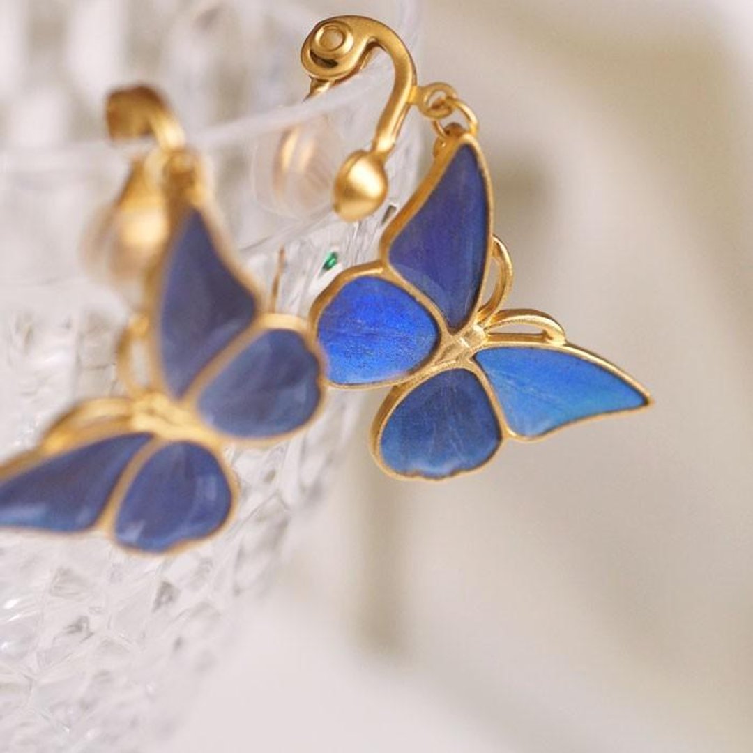 Morpho butterfly antique Clip-On - 耳环/耳夹 - 其他金属 蓝色