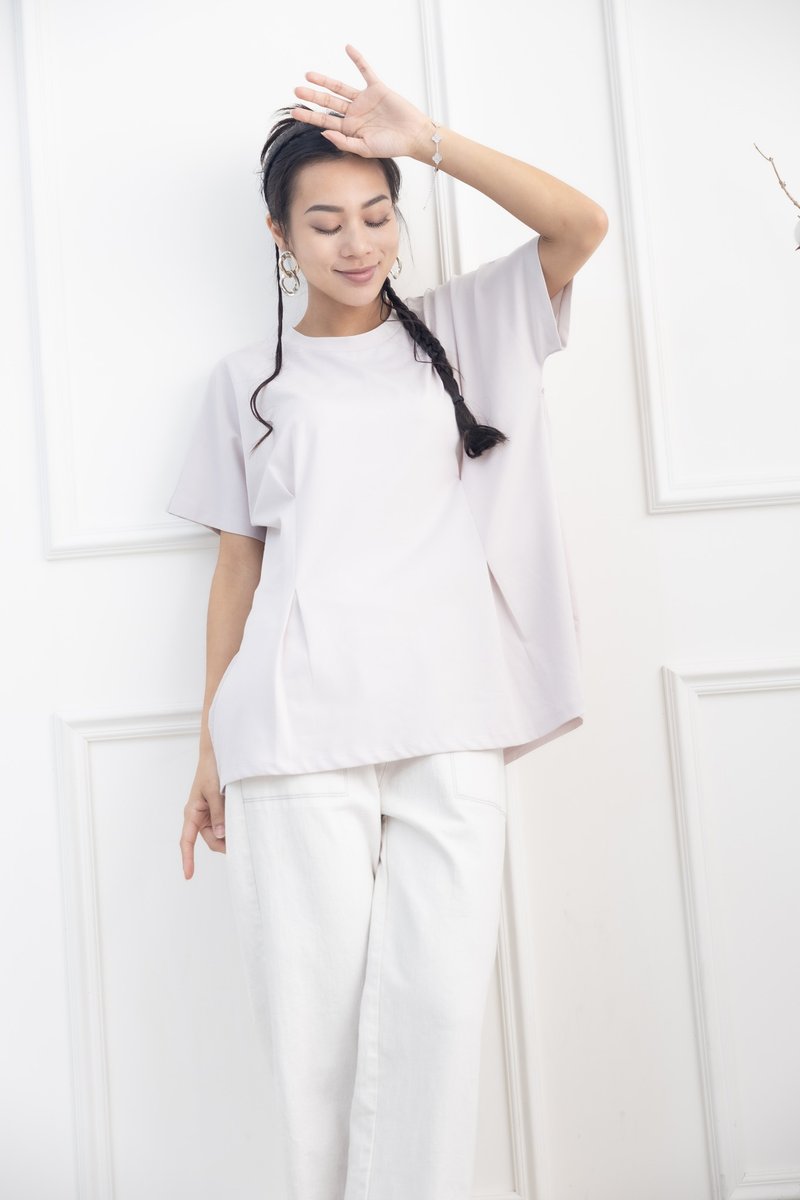 前面腰处打折素面上衣 浅灰色 - 女装 T 恤 - 其他材质 灰色