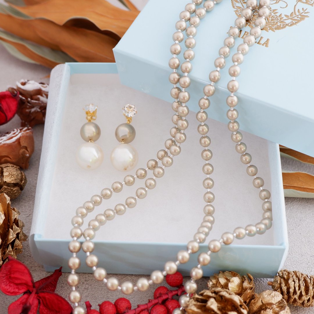 5way long pearl necklace and bicolor ear accessory - 项链 - 塑料 卡其色