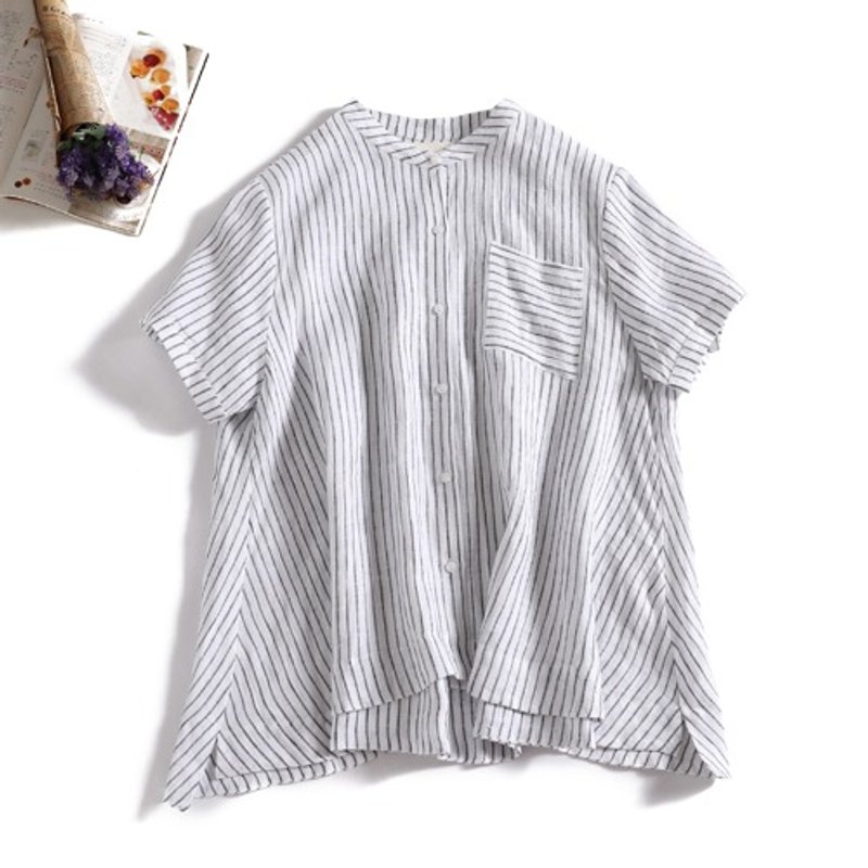 率性清爽顶级亚麻衬衫 上衣 100%亚麻 短袖 条纹 190710-8 - 女装上衣 - 棉．麻 