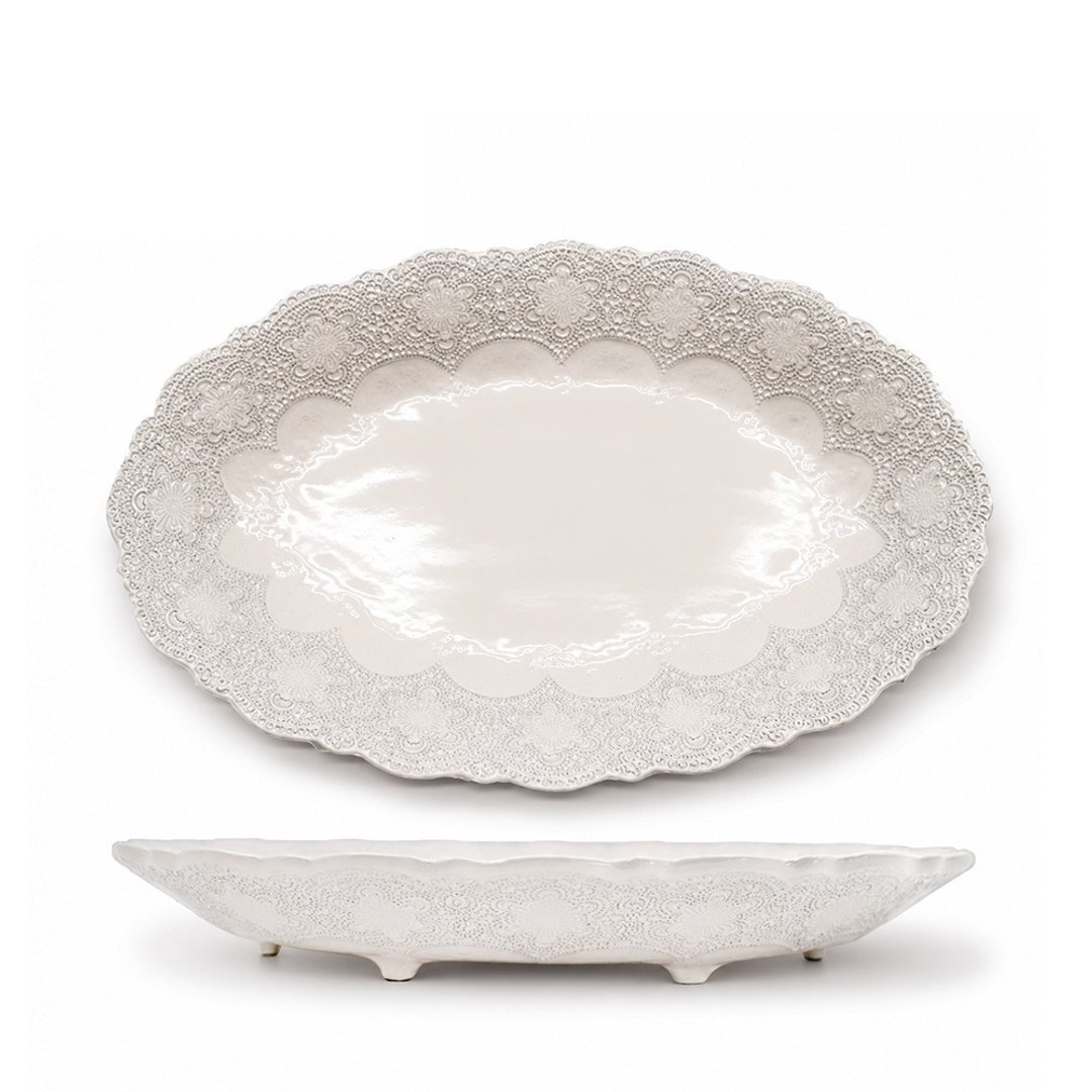意大利 VBC casa 手工浮雕蕾丝系列 48cm 椭圆有脚水果盘 米白色 - 盘子/餐盘/盘架 - 陶 白色