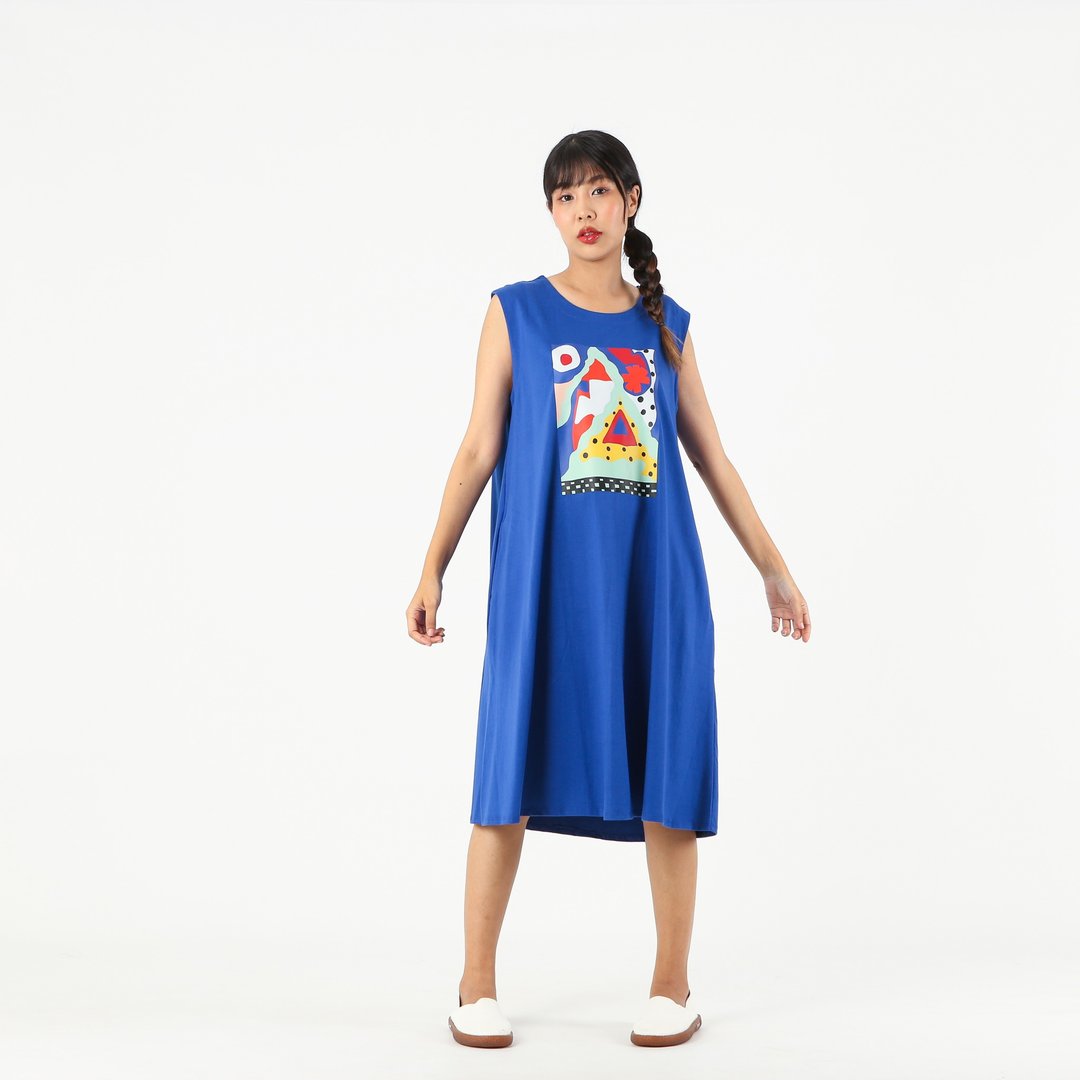 Short Dress Cotton Digital Print Screen - 洋装/连衣裙 - 棉 蓝色