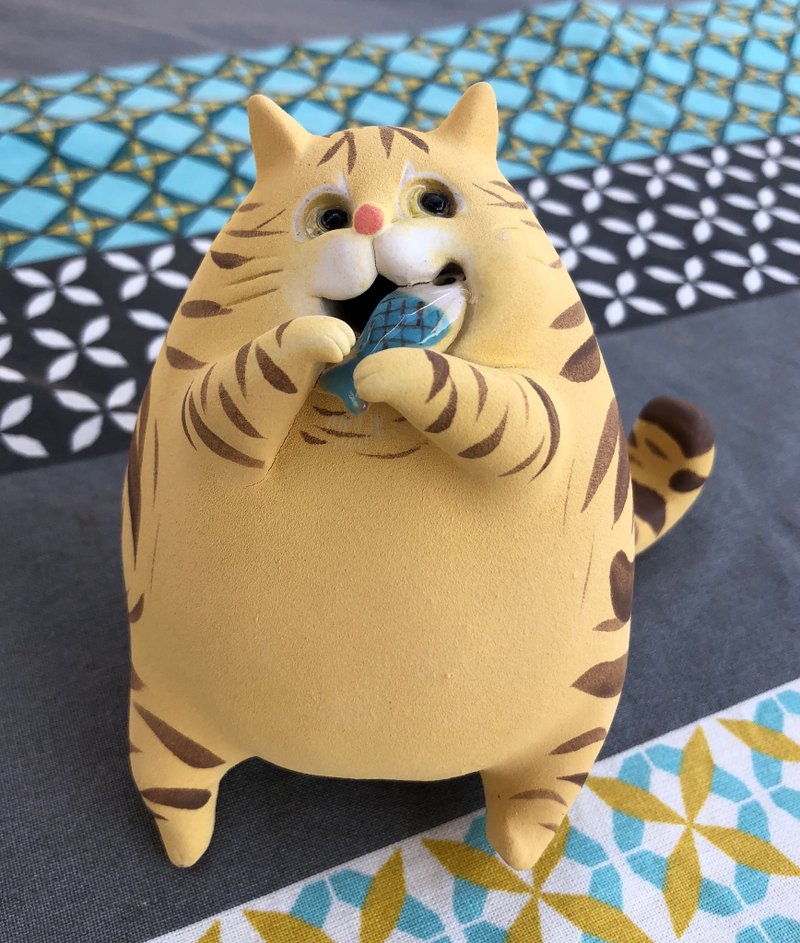 懒懒猫系列-躺着吃鱼 - 玩偶/公仔 - 陶 橘色