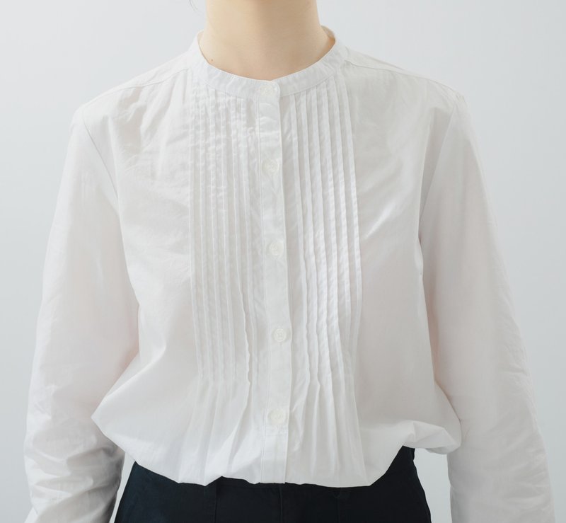 【风琴褶】法式复古/立领棉质衬衫 - 女装衬衫 - 棉．麻 白色