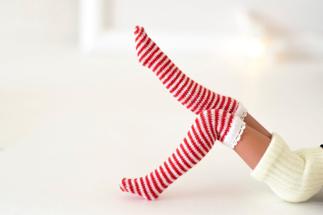 Red striped stockings for 1/6 BJD dolls Blythe, Pullip, doll outfit, 娃娃衣服 紧身衣 - 玩偶/公仔 - 棉 红色