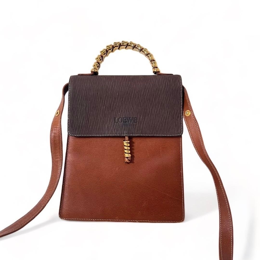 绝版古董包 Loewe 中古蛇骨凯莉包 单肩包 皮革包 斜背复古二手 - 侧背包/斜挎包 - 真皮 咖啡色