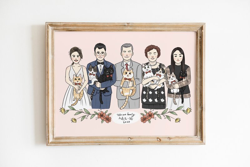 定制化卡通半身全家福插画|团体合照插画|手机壁纸制作|电子版 - 订制画像 - 其他材质 