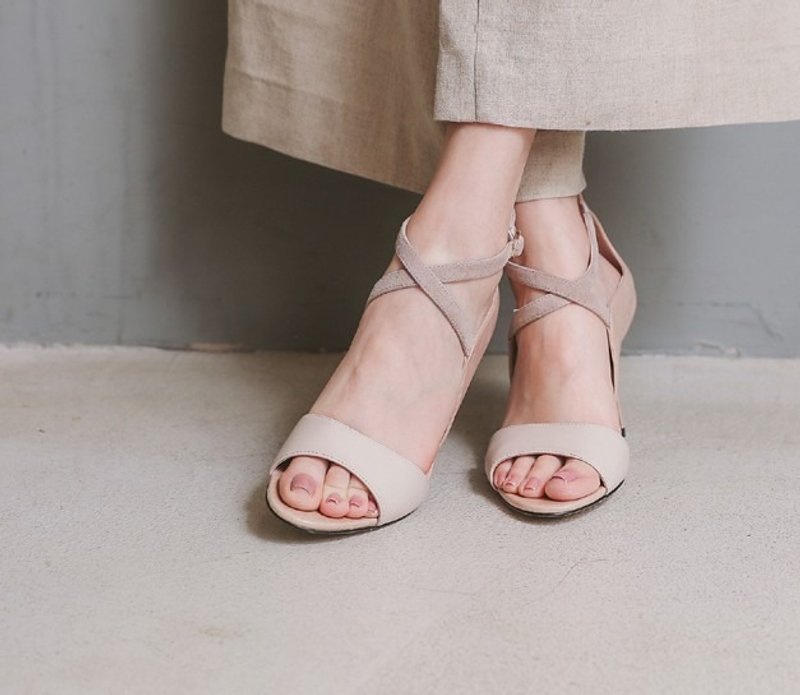 交叉细带 细高跟真皮凉鞋 裸色 - 男女凉鞋 - 真皮 卡其色