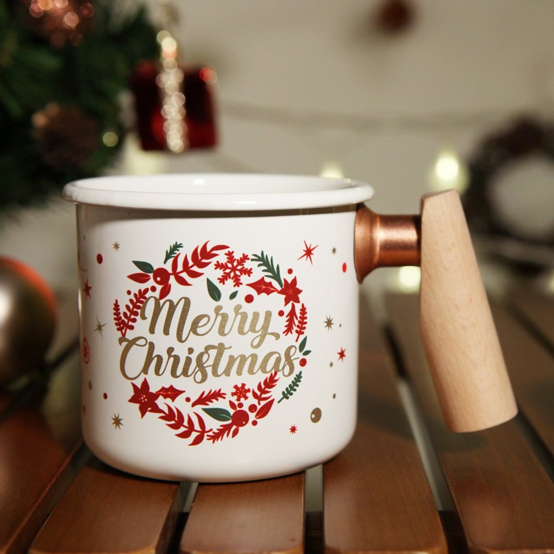 木柄 珐琅杯 400ml (圣诞花圈) 圣诞节 Xmas交换礼物 - 其他杯子 - 珐琅 白色