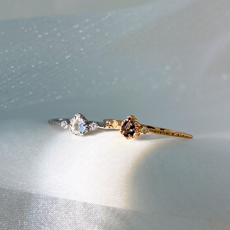 茶晶 / 月光石【月光落在小雨上】s925 纯银 戒指  || 独家开版 - 戒指 - 纯银 卡其色