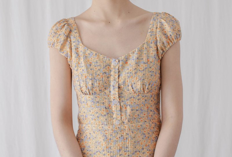 南法少女 复古度假感夏日浪漫仙气碎花洋裝 - 洋装/连衣裙 - 其他材质 黄色