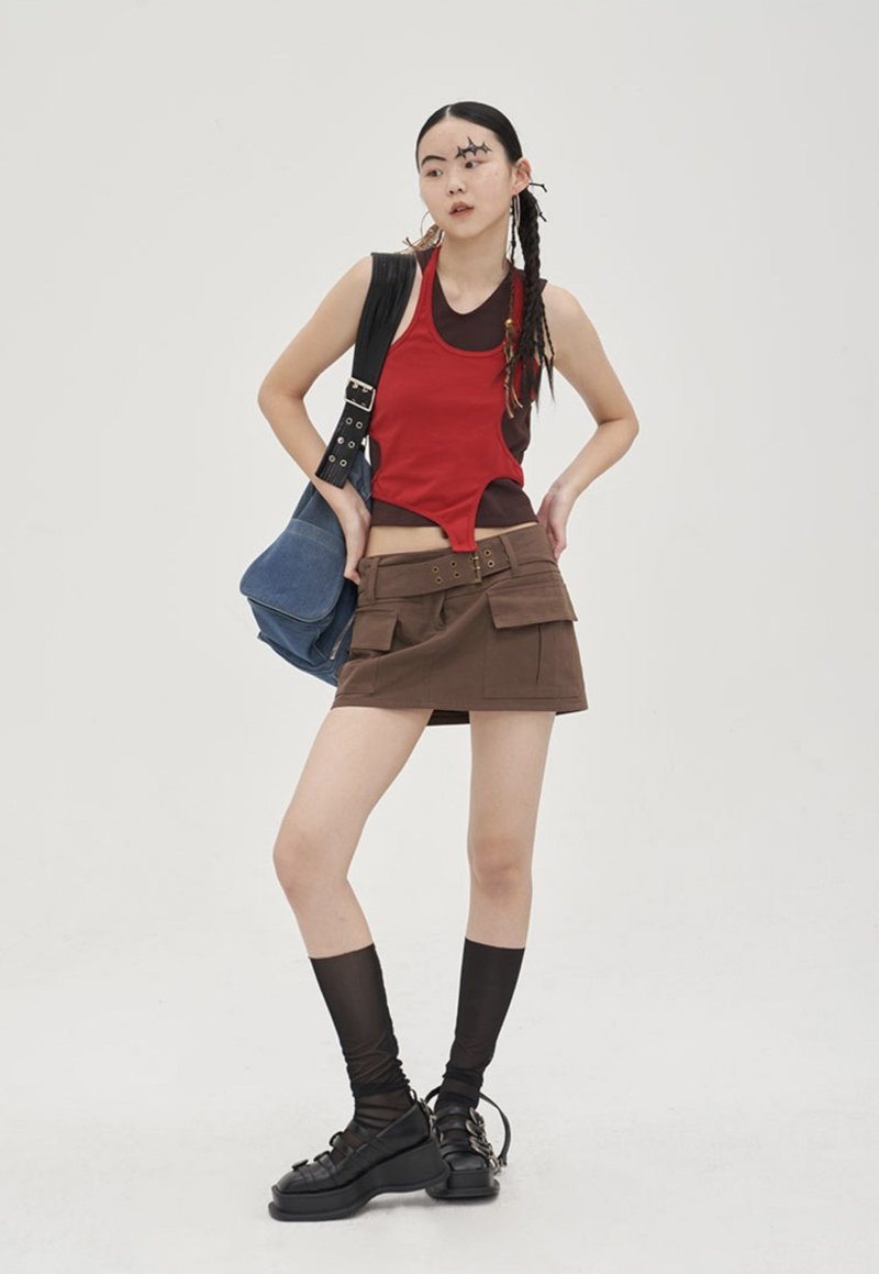 超强造型感 镂空背心两件套 萬能穿搭 (可分开搭配!) 复古红棕 - 女装背心 - 棉．麻 红色