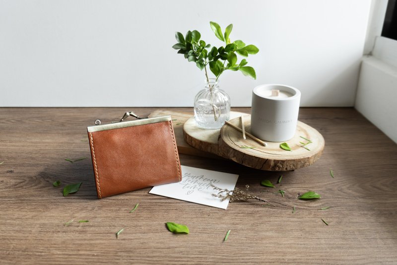 栗皮茶棕 口金短夹 小废包 侧背包 口金包丨定制化打字丨女友礼物 - 皮夹/钱包 - 真皮 橘色