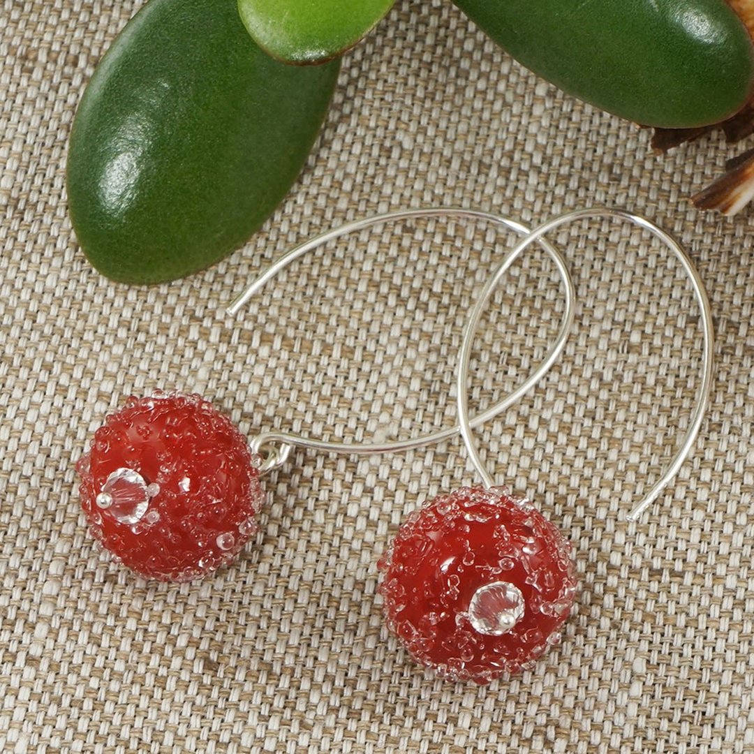 Cherry Red Lampwork Murano Glass Sterling Silver Long Hook Earrings Jewelry Gift - 耳环/耳夹 - 玻璃 红色