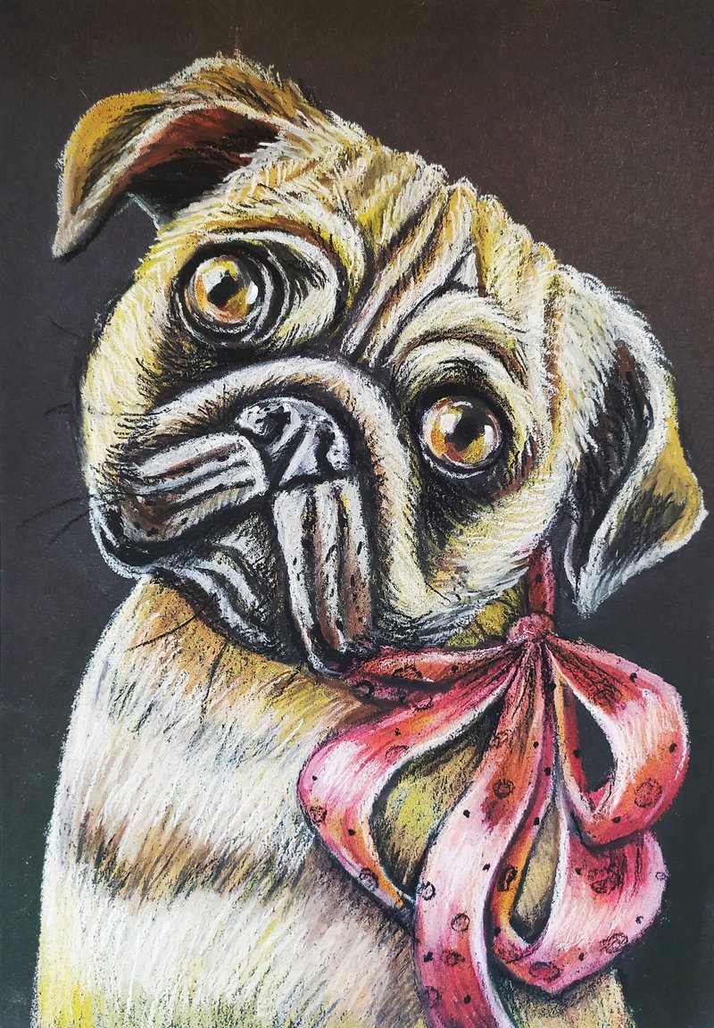 Portrait of a pug with a bow oil pastel original work animal original painting - 墙贴/壁贴 - 纸 咖啡色