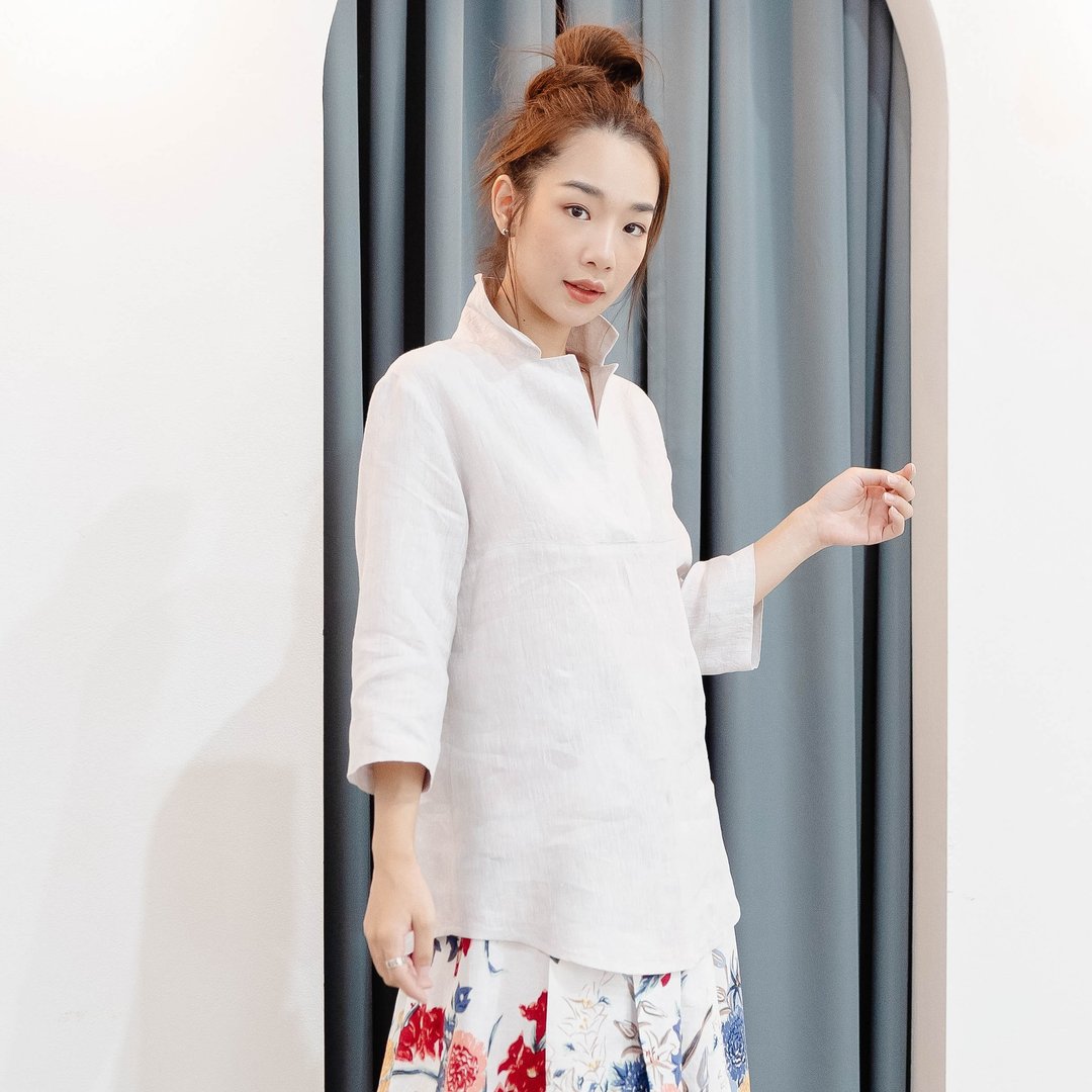 亚麻短袖衬衫 舒适着感 - 银色 - 女装上衣 - 亚麻 银色