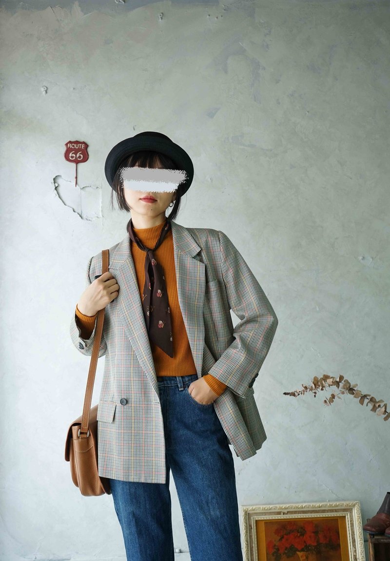 寻宝古着-DAKS经典灰千鸟格修身双排西装外套 - 女装西装外套/风衣 - 羊毛 灰色