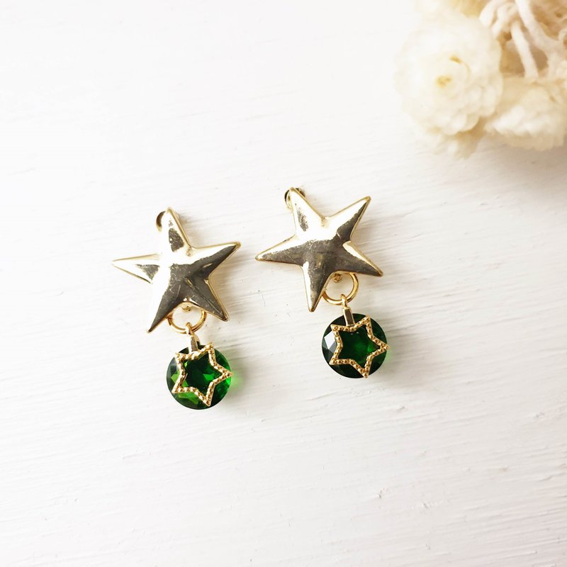 我们那些 点点 繁星  x 绿 x 夹式星星耳环 针式星星耳环 - 耳环/耳夹 - 其他金属 绿色