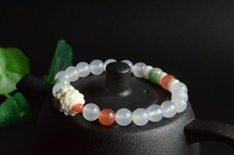 【灵莲】猛犸象牙冰料双头莲花座南红荔枝冻手链手串 - 手链/手环 - 宝石 