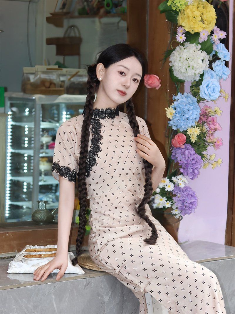 粉色 手工撬邊砂洗重縐民國風古法旗袍 後腰省筒子領襟洋裝裙 - 旗袍 - 棉．麻 蓝色