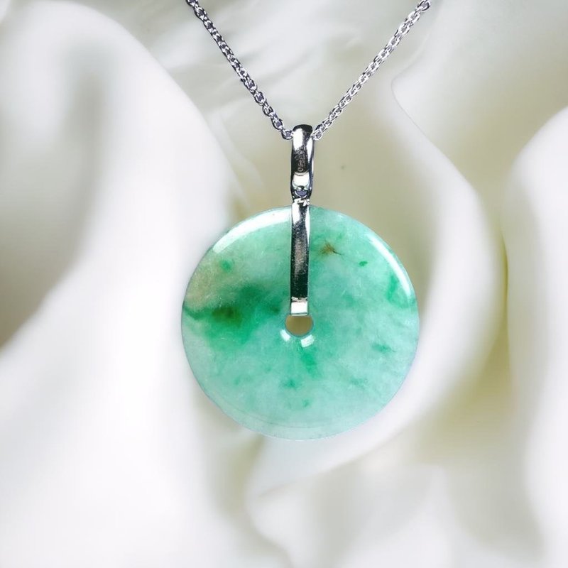 冰种飘阳绿平安扣项链18K金镶嵌坠头 | 天然缅甸玉翡翠A货 | 送礼 - 项链 - 玉石 绿色