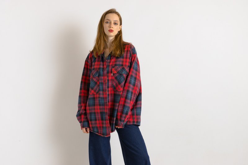 古着 Levis 格纹铺棉内衬衬衫 钮扣式 男款 L 号 7518 - 男装衬衫 - 棉．麻 红色