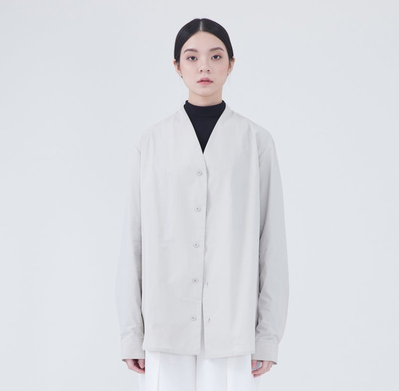 TRAN - 和式领工作衬衫 - 女装衬衫 - 棉．麻 卡其色