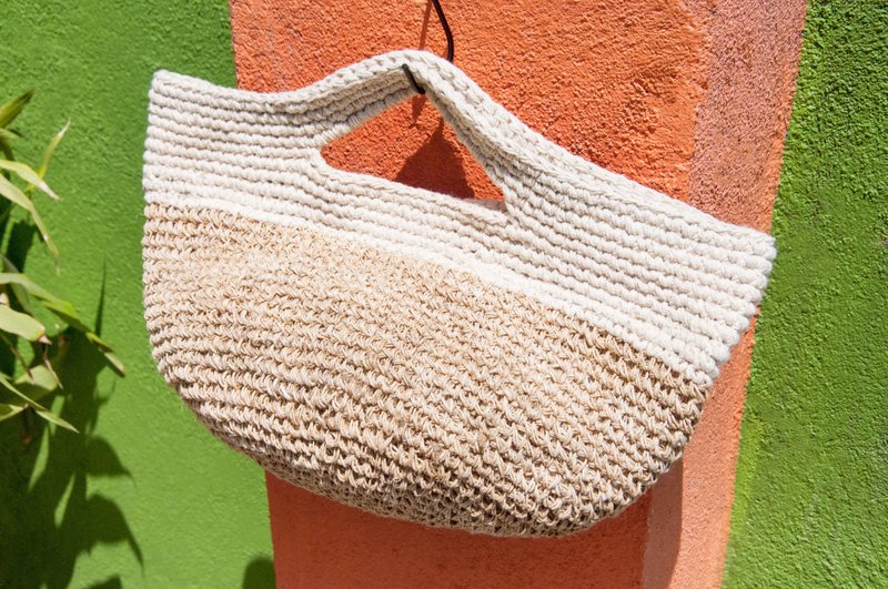 手织棉线钩织侧背包/肩背包/购物袋/编织包/钩织包/棉麻包-半圆 - 手提包/手提袋 - 棉．麻 卡其色