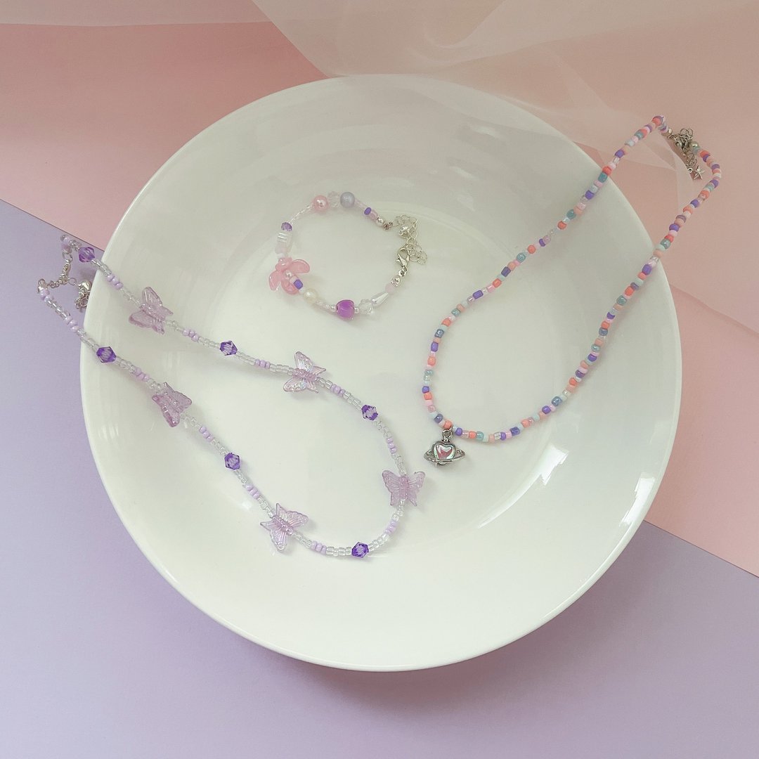 可爱花朵蝴蝶紫色系串珠项链及手链 - 项链 - 塑料 紫色