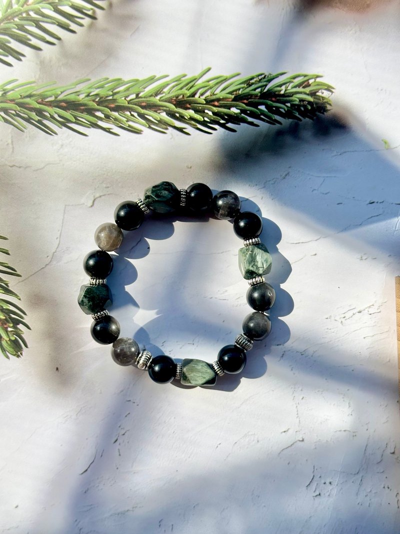 阳起石黑金骨干黑曜石天然水晶手链/ 招正财勇气自信消除负能量 - 手链/手环 - 水晶 绿色