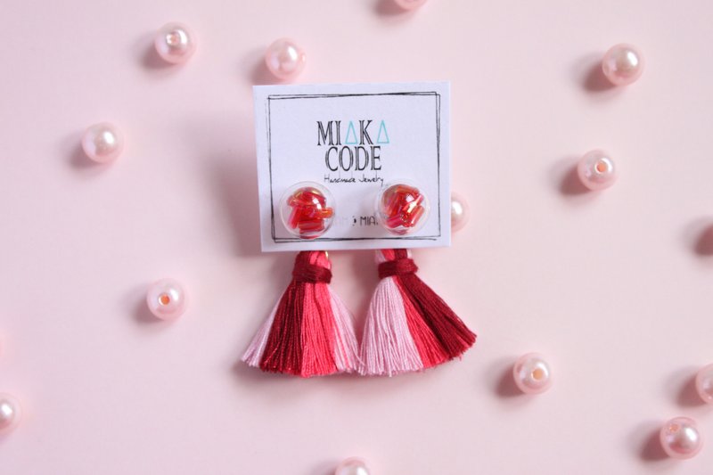 10mm透明玻璃球 珠子 混色(红色系) 流苏 耳环/耳夹 - 耳环/耳夹 - 玻璃 红色