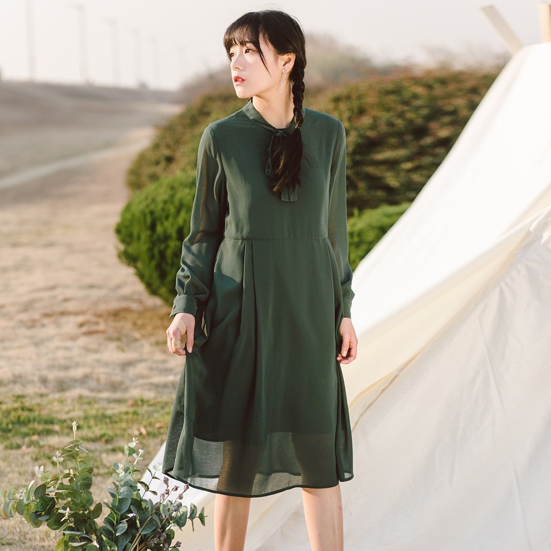 安妮陈2018春装新款女装两件套中长款连衣裙 - 洋装/连衣裙 - 棉 绿色