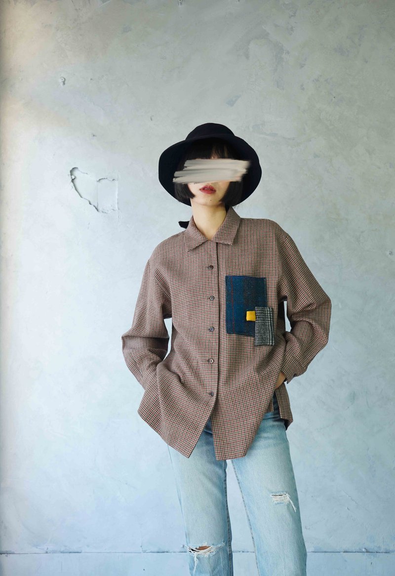 寻宝古着-经典红棕色Tweed毛拼色口袋复古衬衫 - 女装衬衫 - 羊毛 红色