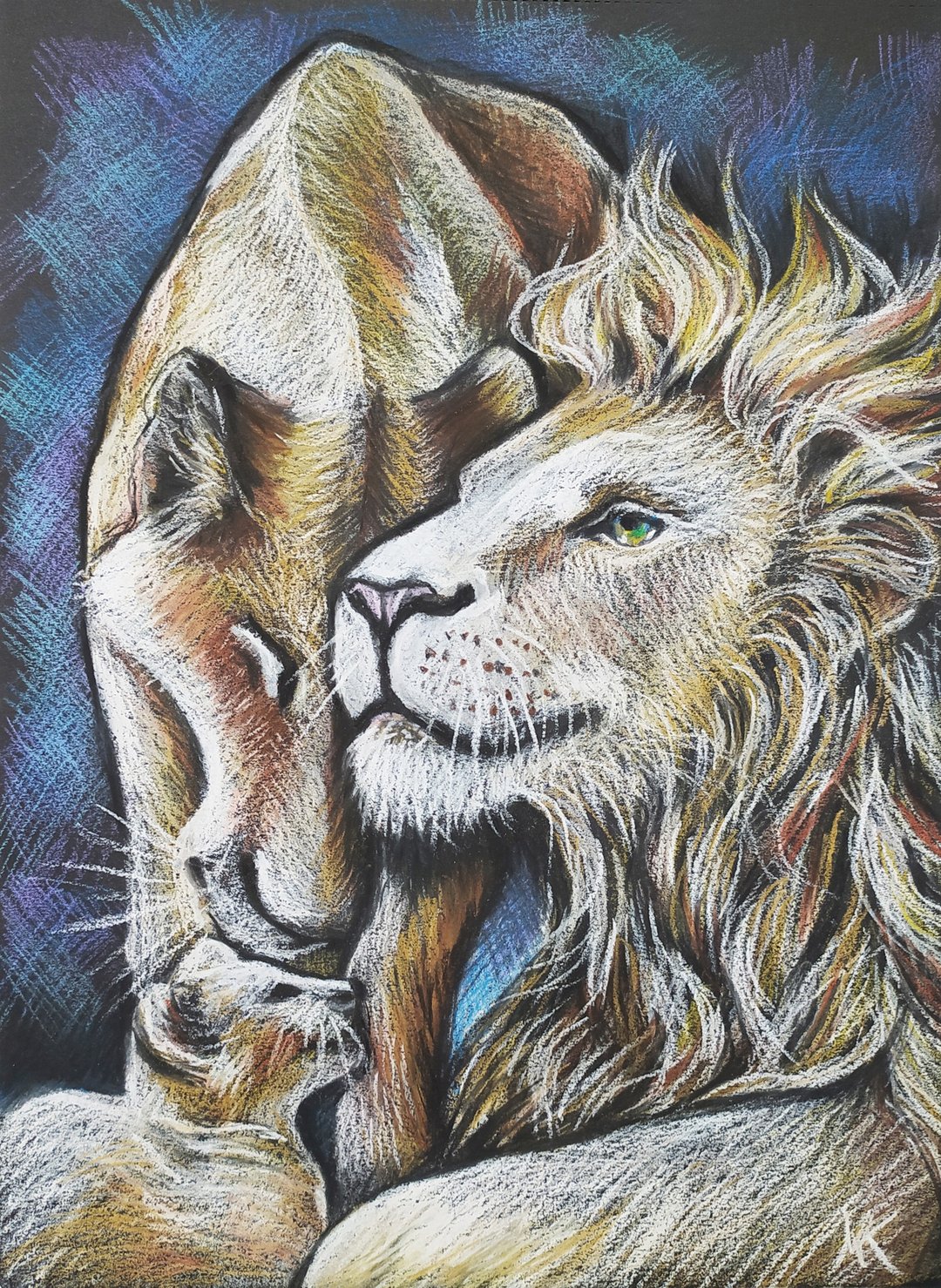 The family of lions painting oil pastel original art animals drawing artwork - 墙贴/壁贴 - 纸 卡其色