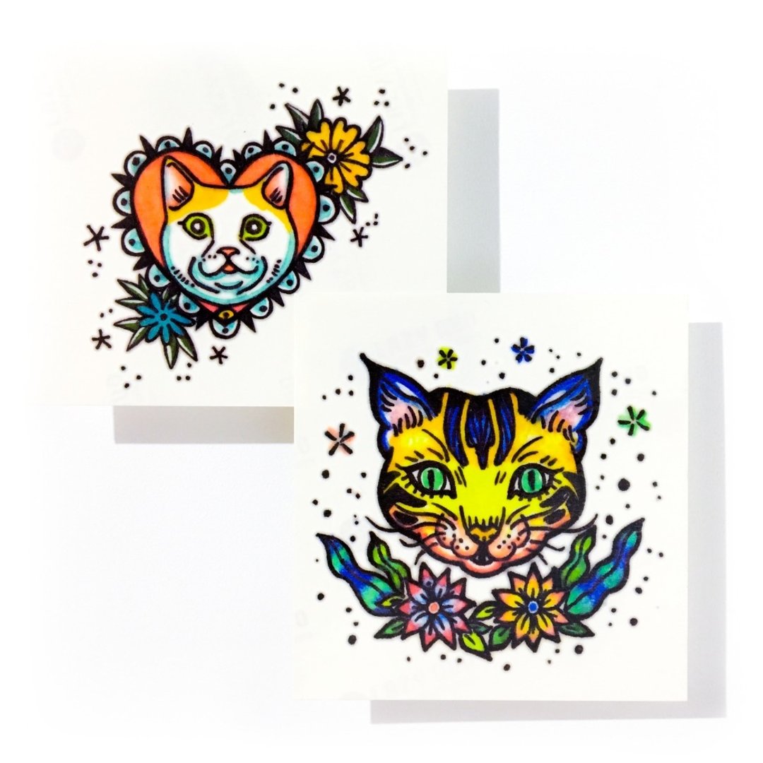 LAZY DUO手绘刺青纹身贴纸新美式传统柠檬黄花猫虎纹心形奇怪插画 - 纹身贴 - 纸 多色