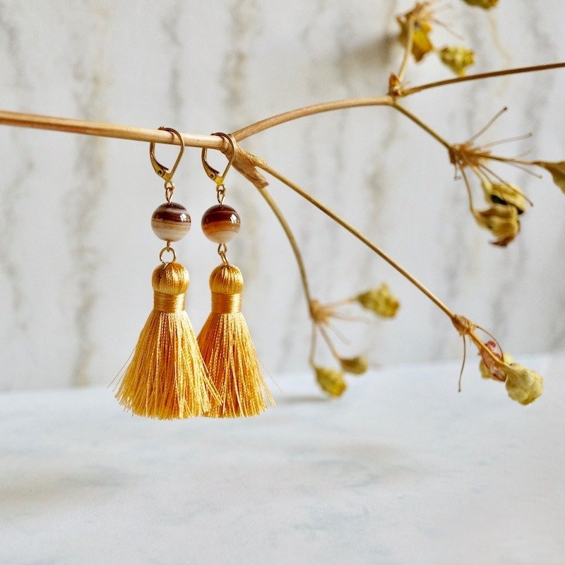 ITS：232【超质感流苏・耳环系列】天然石超质感流苏 闺蜜耳环 - 耳环/耳夹 - 宝石 咖啡色