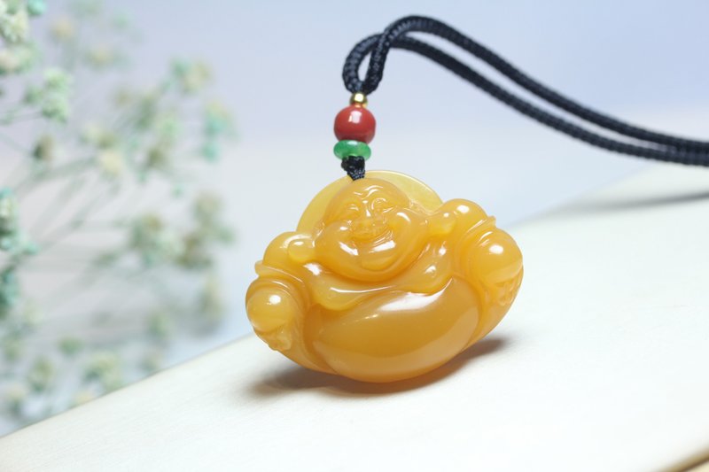 【笑佛】天然黄龙玉 弥勒佛项链 笑口常开挂件 鸡油黄吊坠 - 项链 - 玉石 橘色