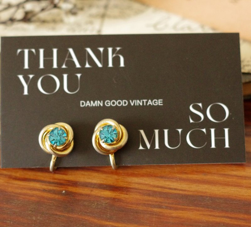 古董金色螺旋水蓝莱茵石圆形夹式耳环 CORO C998 - 耳环/耳夹 - 其他金属 金色