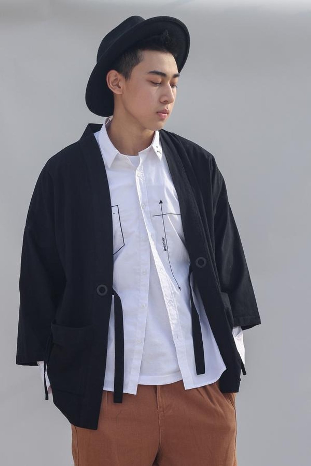 Boxy 和服外套 - 男装外套 - 棉 黑色