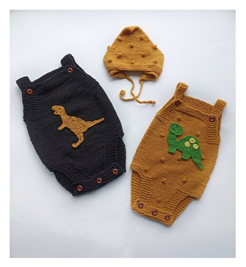 Newborn onesies and hat, Dragon costume, Dinosaur Costume Organic cotton onesies - 满月礼盒 - 棉．麻 黑色