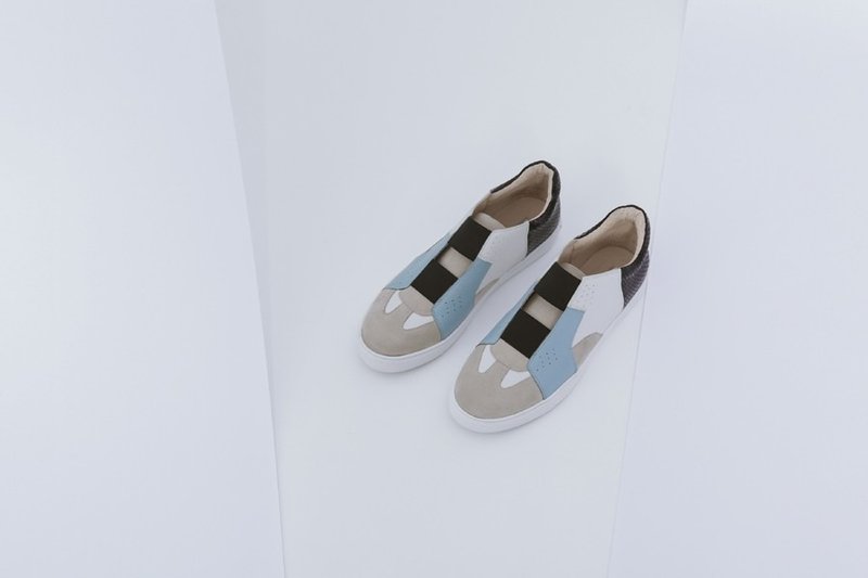 几何色块拼接 高筒真皮绷带休闲鞋 黑蓝灰 - 女款休闲鞋 - 真皮 灰色
