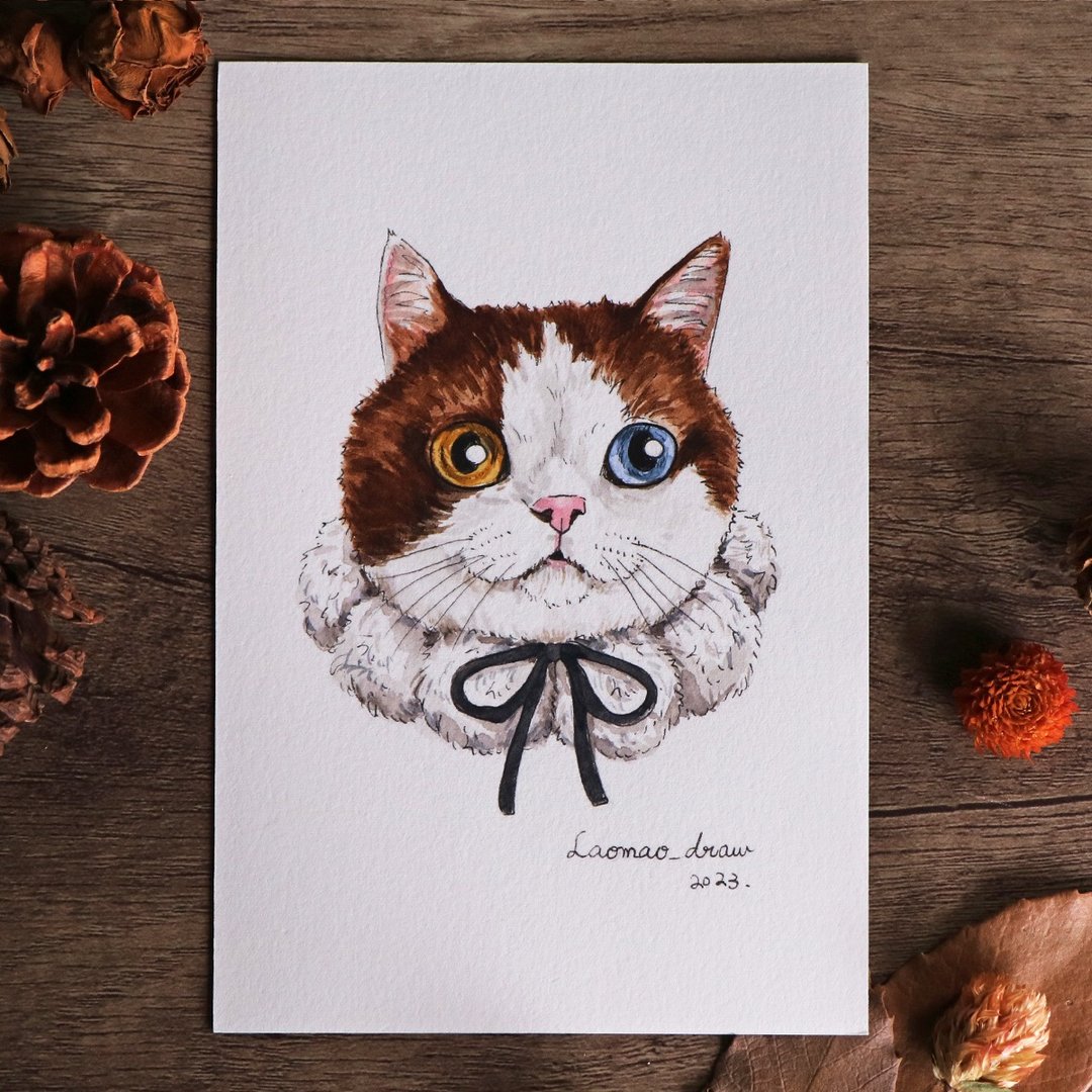 水彩插画原画稿 猫咪头像 4X6 6寸 3006 白底棕斑猫与毛球领 - 海报/装饰画/版画 - 纸 