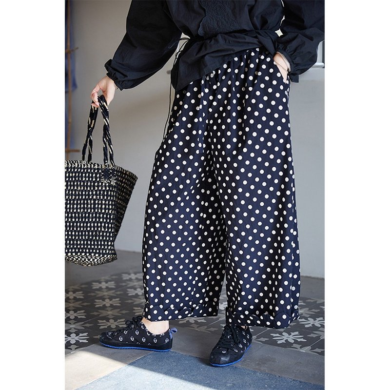 复古黑旧灰松紧腰高密拔印波点宽松萝卜裤 - 女装长裤 - 棉．麻 