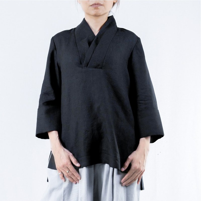 领巾衫 亚麻 | 黑色 - 女装上衣 - 棉．麻 黑色
