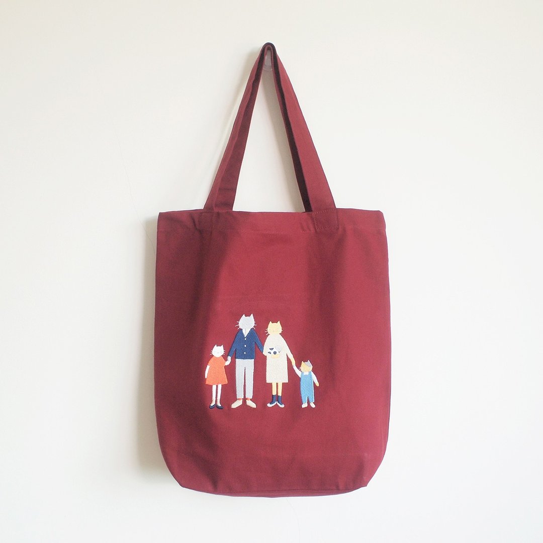 cat family tote bag : red - 侧背包/斜挎包 - 棉 红色