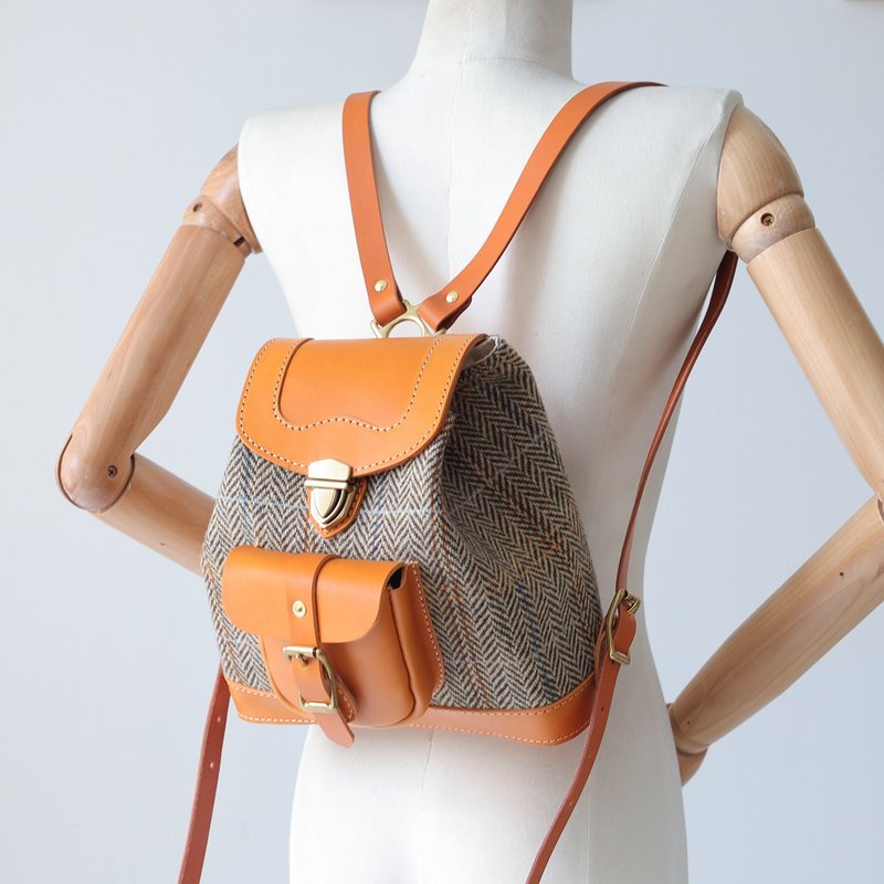 【羊毛拼皮】Harris Tweed 女士背包复古文艺女包 秋冬女士包包 - 后背包/双肩包 - 真皮 橘色